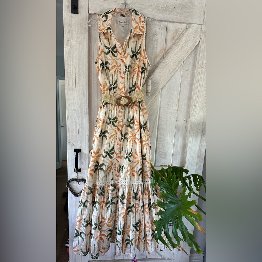 Taylor Cream Maxi Dress with Orange and Green Palm Print NWT